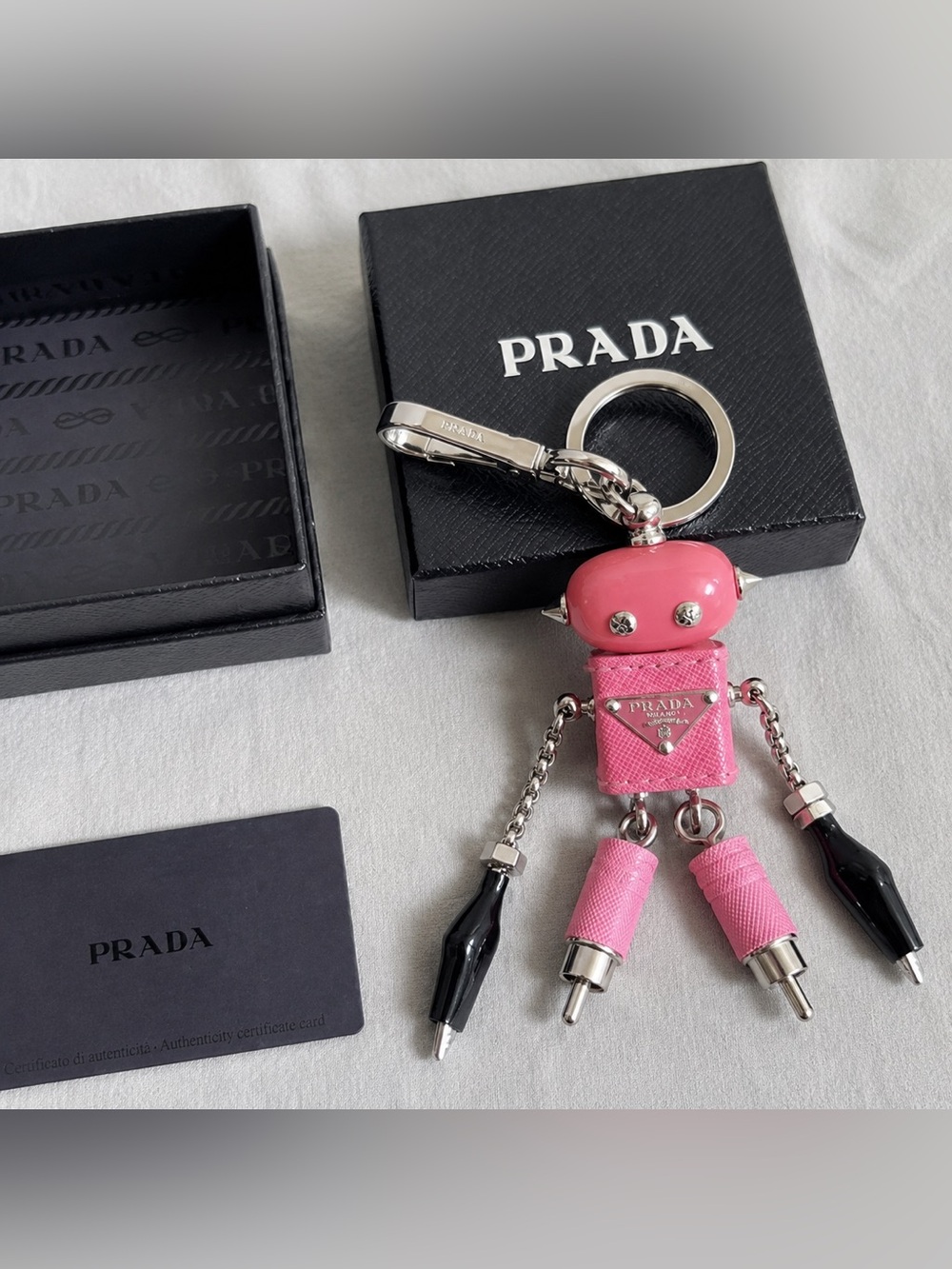 Prada Pink Robot Keyring Charm with Silver Hardware